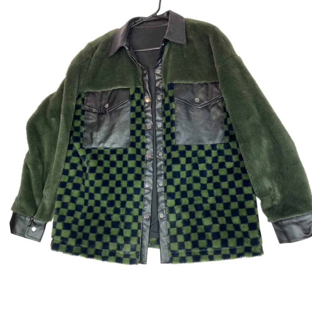 Women's Vineyard Green Fleece Checkerboard Flap Pocket Snap Button Jacket Size M